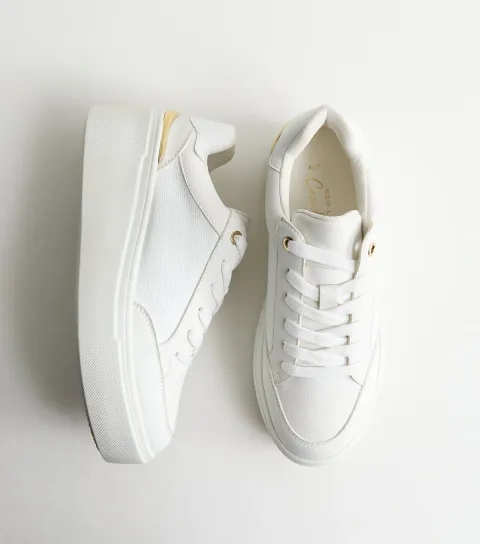 Women's White Textured Faux Leather Wedge Trainers Vegan