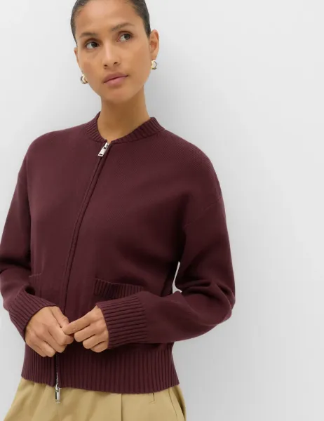 Marks & Spencer Zip Up Knitted Bomber Cardigan Dark Claret