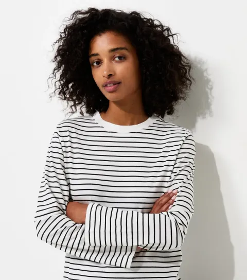 Women's White Cotton Striped Boxy Long Sleeve T-Shirt