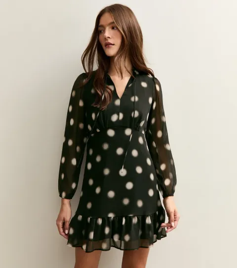 Women's Black Chiffon Polka Dot Mini Dress