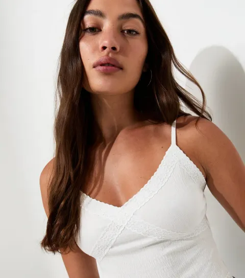 Women's White Cotton Rich Crinkle Texture Lace Trim Cami Top