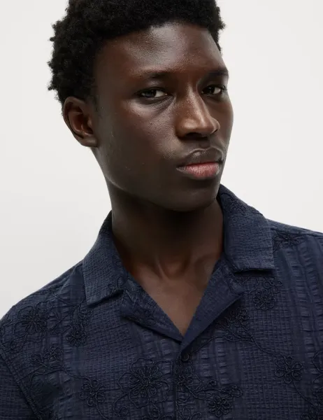 Marks & Spencer Pure Cotton Seersucker Shirt Navy