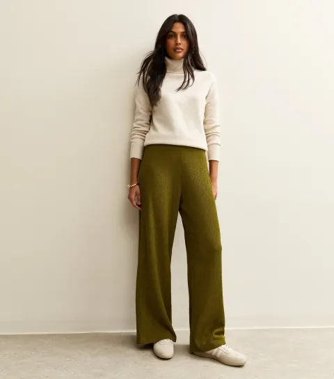 Women's Light Khaki Crinkled Wide Leg Trousers