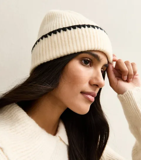 Cream Contrast Whipstitch Trim Beanie