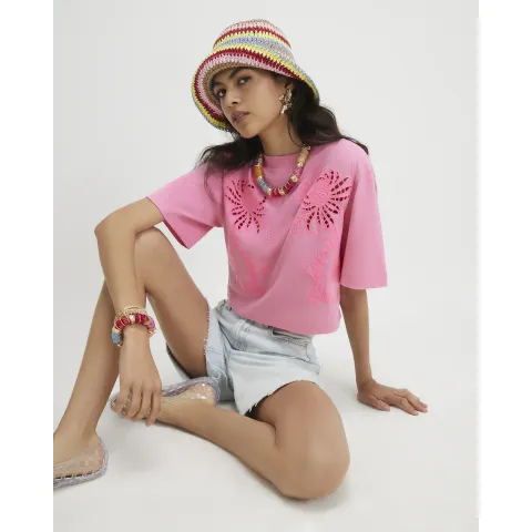 River Island Cotton Cutwork Boxy Cropped T-Shirt