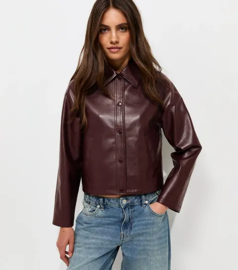 Women's Dark Burgundy Faux Leather Collared Jacket