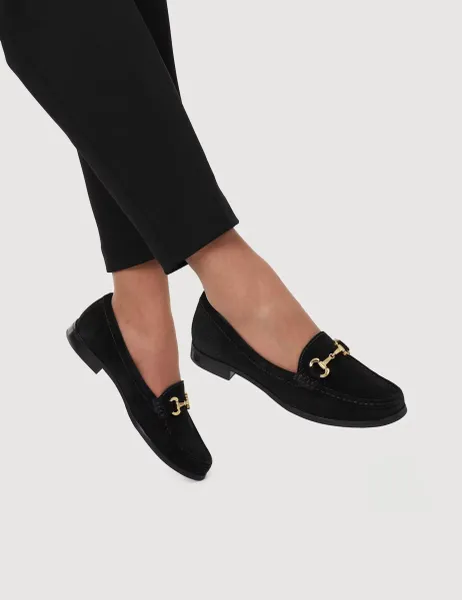Jones Bootmaker Wide Fit Suede Bar Trim Block Heel Loafers Black Mix