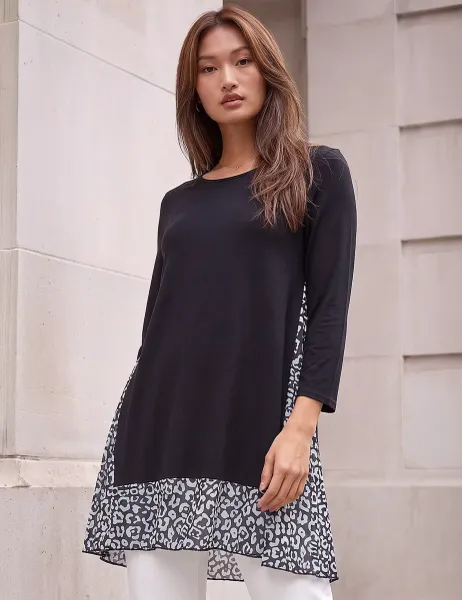 Roman Animal Print Contrast Hem Swing Tunic Top Black