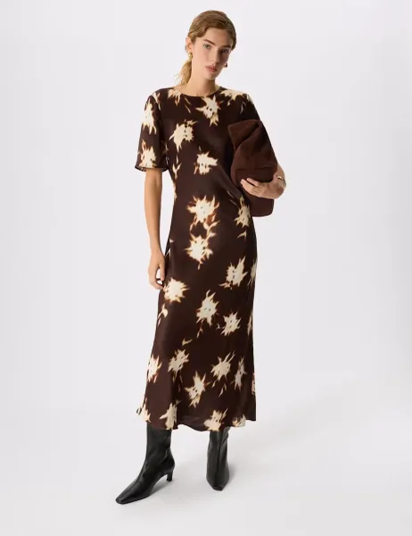 Whistles Printed Round Neck Midi Column Dress Brown Mix