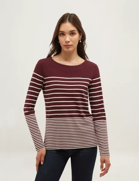 Hobbs Pure Cotton Striped Slash Neck Relaxed Top Purple Mix