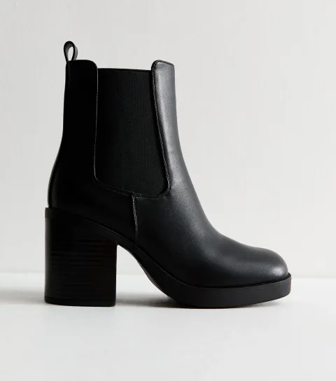 Women's Black Faux Leather Chunky Heel Chelsea Boots Vegan