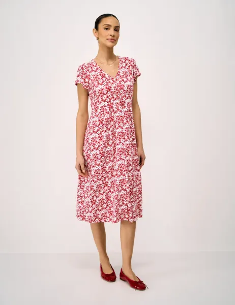 Crew Clothing Jersey Floral V-Neck Midi Skater Dress Cherry Red