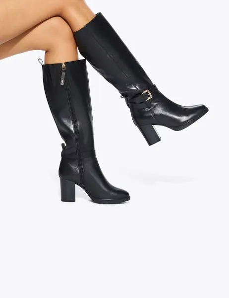 Kurt Geiger Leather Buckle Block Heel Knee High Boots Black