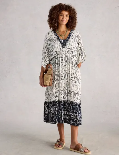 White Stuff Printed V-Neck Midi Beach Dress White Mix