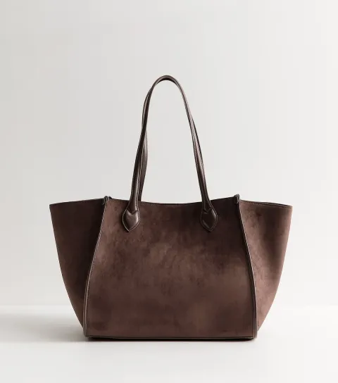 Dark Brown Faux Suede Winged Tote Bag