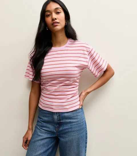 Women's Pink Striped Ruched Waist Crew Neck T-Shirt