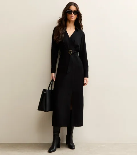 Women's Black Belted Wrap Midi Dress