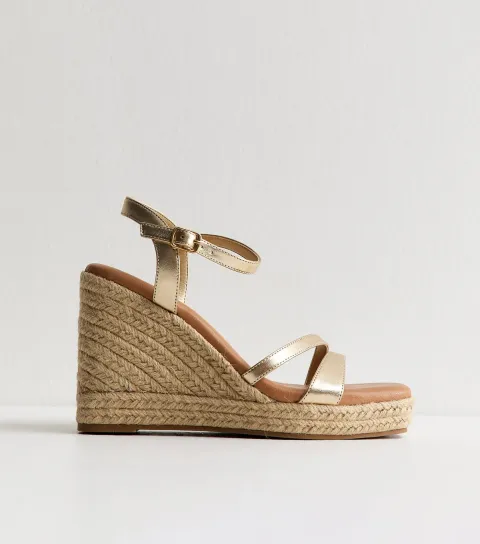 Women's Gold Faux Leather Double Strap Wedge Sandals Vegan