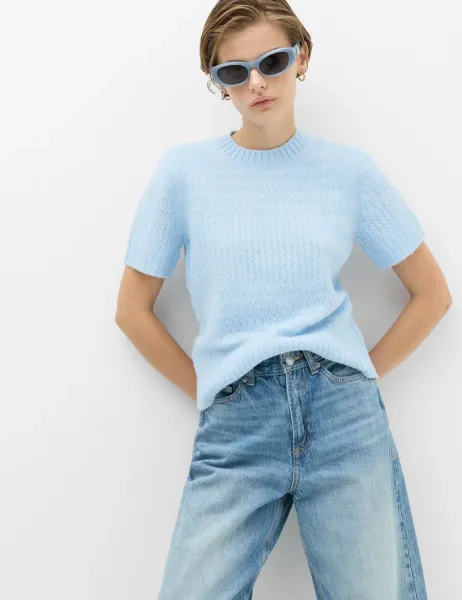 Marks & Spencer Pointelle Knitted Top With Wool Faded Blue