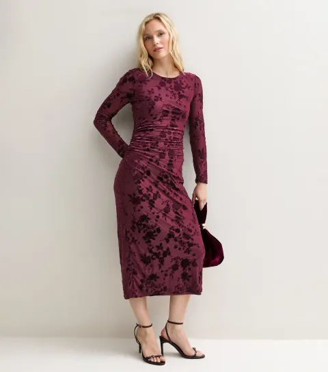New Look Women's Petite Dark Burgundy Floral Flocked Long Sleeve Midi Dress