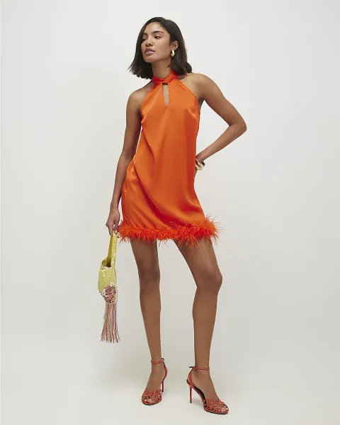 River Island Satin Feather Trim Mini Shift Dress