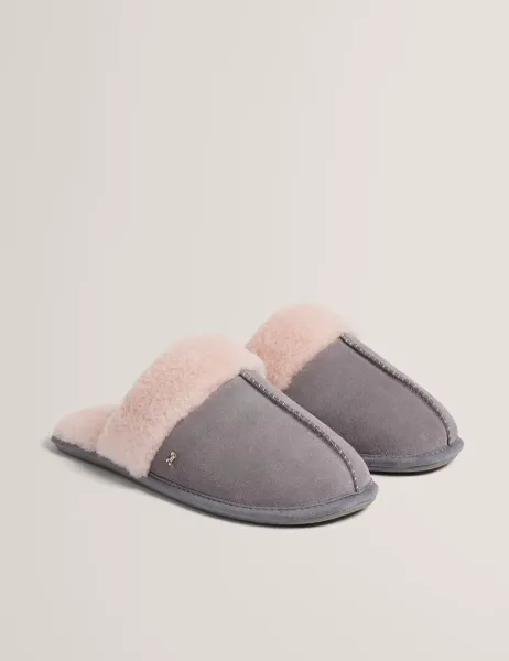 Ted Baker Suede Faux Fur Lined Mule Slippers Light Grey