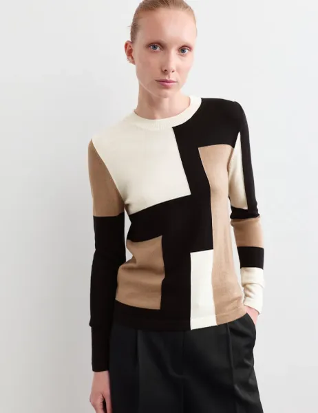 Jaeger Pure Merino Wool Colour Block Jumper Camel Mix