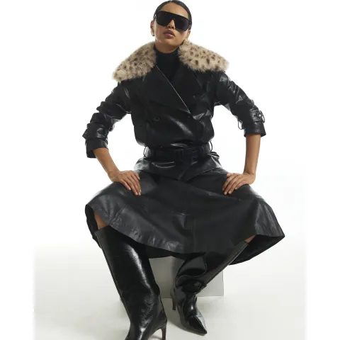 River Island Leopard Faux Fur Collar Trench Coat
