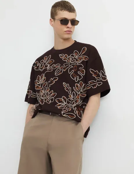 River Island Oversized Cotton Rich Floral T-Shirt Brown Mix