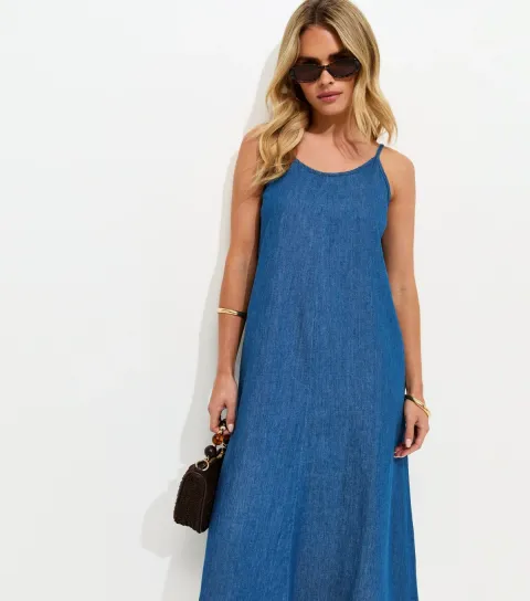 Women's Petite Blue Denim Smock Midi Dress