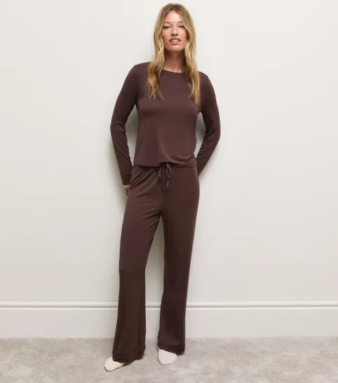 New Look Women's Dark Brown Jersey Long Sleeve Top and Trousers Set