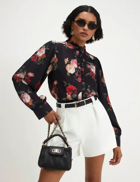 River Island Floral High Neck Ruffle Blouse Black Mix