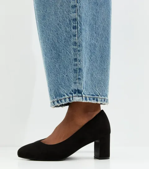 Women's Extra Wide Fit Black Faux Suede Round Toe Court Shoes Vegan