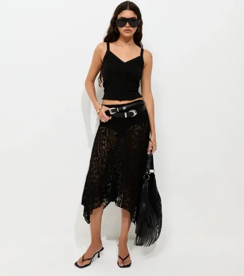 Women's Black Sheer Lace Hanky Hem Midi Skirt