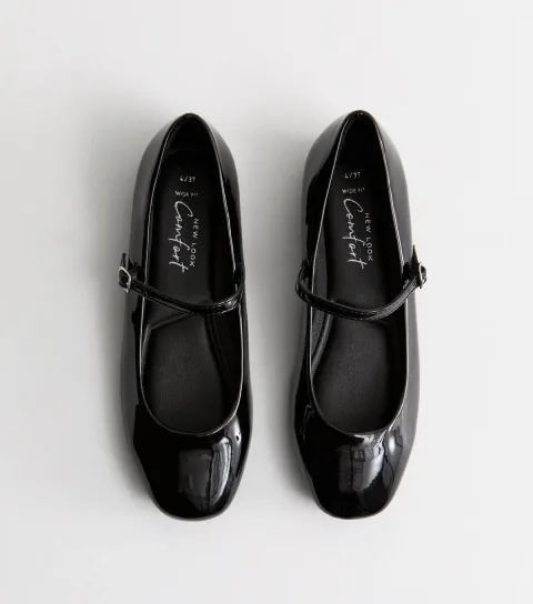 Women's Wide Fit Black Patent Mary Jane Strappy Ballerina Pumps