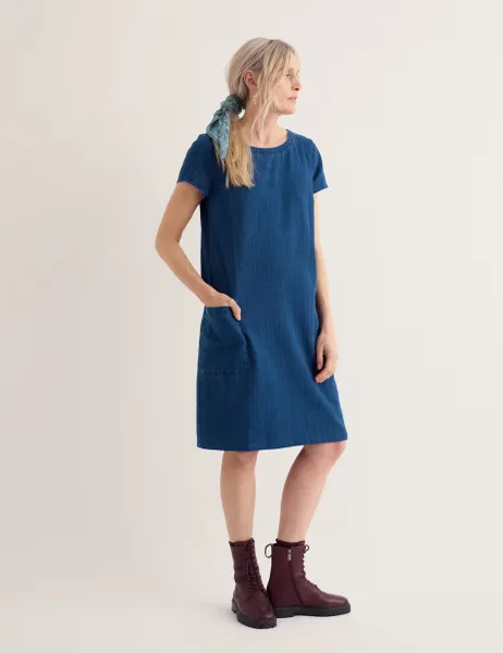 Seasalt Cornwall Pure Cotton Denim Textured Stripe Shift Dress Blue