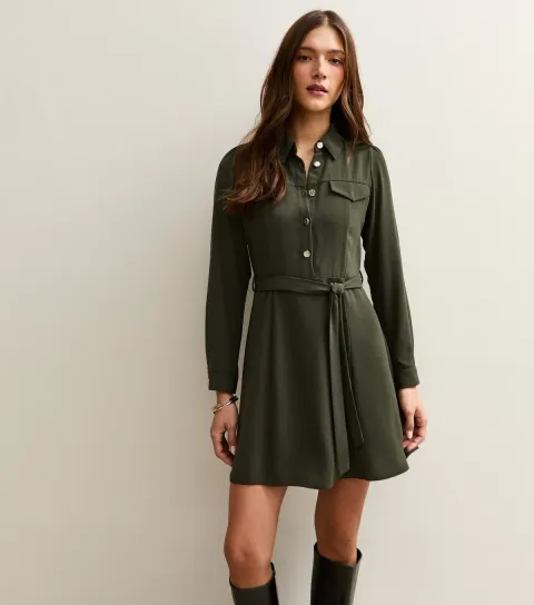 Women's Dark Khaki Belted Shirt Dress
