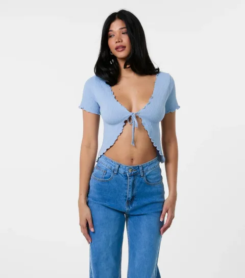 Women's Blue Ribbed Lettuce Trim Tie Front Top