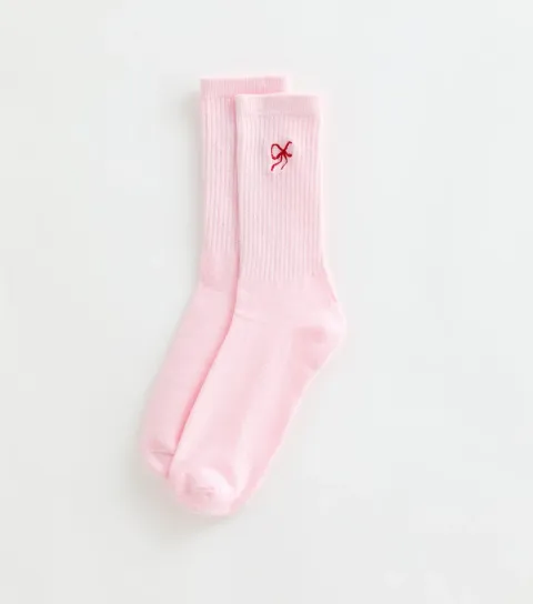 New Look Light Pink Cotton Rich Bow Embroidered Ribbed Ankle Socks