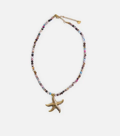 Gold Tone Beaded Starfish Pendant Necklace