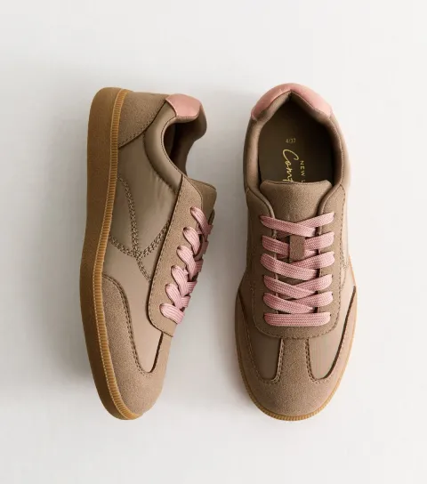 New Look Women's Light Brown Faux Suede Paneled Gum Sole Trainers Vegan