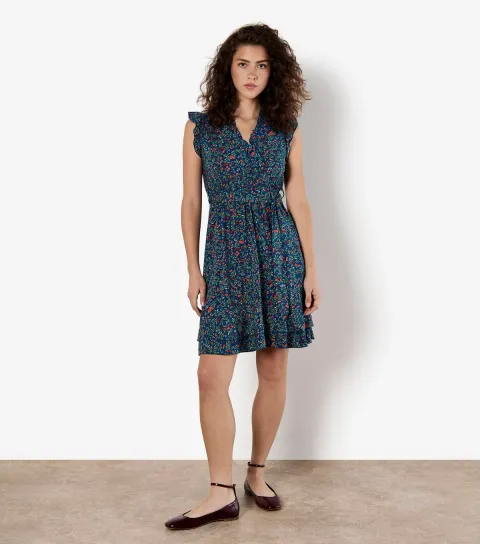 Women's Blue Floral Print Ruffled Dress
