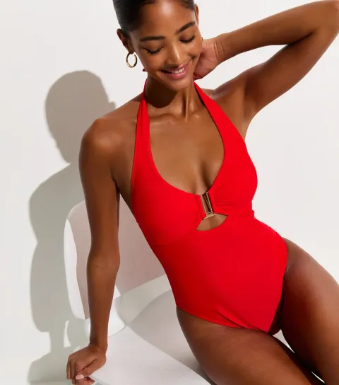 New Look Women's Bright Red Tummy Control U Ring Underwired Halter Neck Swimsuit