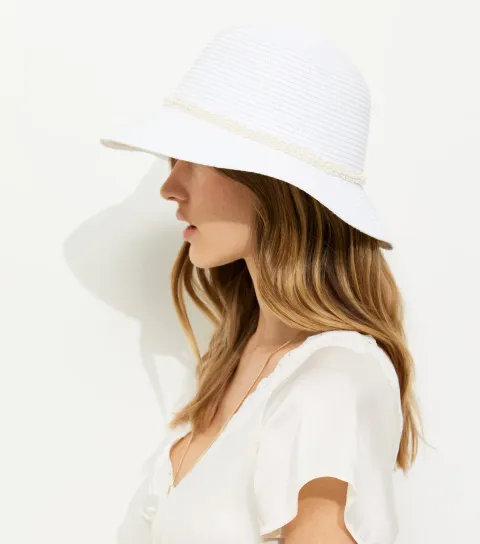 White Embroidered Faux Pearl Straw Bucket Hat