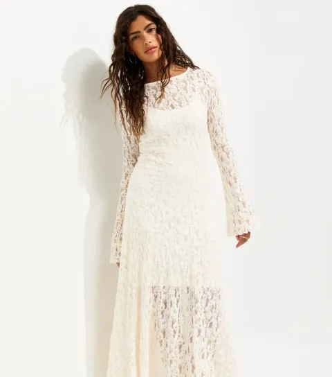 Women's Cream Lace Long Sleeve Midi Dress