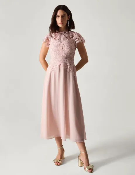 Monsoon Lace Midi Waisted Dress Soft Pink
