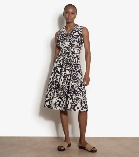 Women's Navy Tile Print Tie Front Shirt Dress