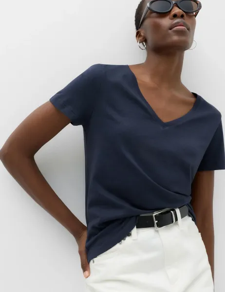 Marks & Spencer Pure Cotton V-Neck T-Shirt Navy