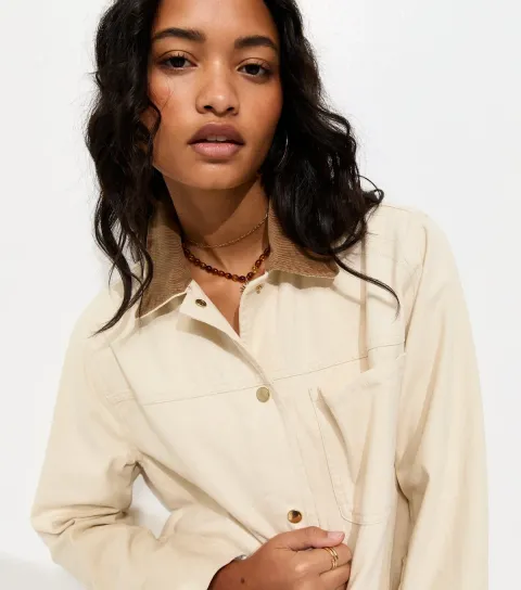 Women's Off White Cotton Longline Corduroy Collar Jacket