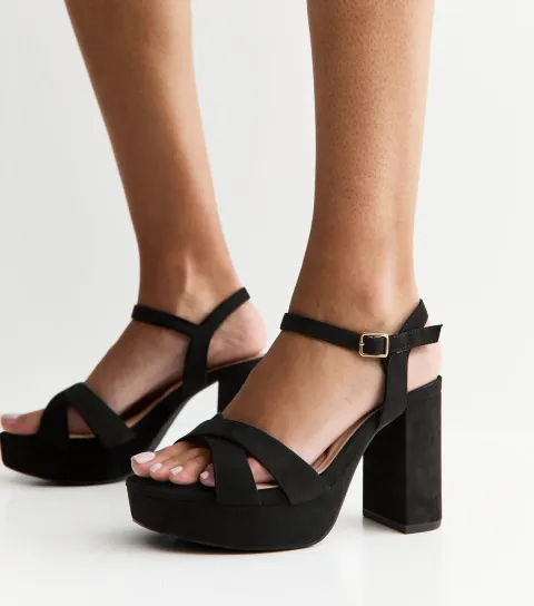 Women's Extra Wide Fit Black Faux Suede Platform Sandals Vegan